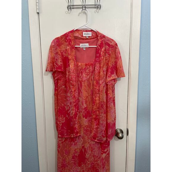 Vintage Studio I Dress Jacket Set 14W Pink Floral Chiffon Spring Cottage Core - Picture 2 of 8